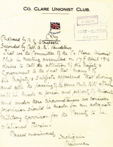 An April 1914 letter to the British government from Lord Inchiquin requesting a military garrison in County Clare in the event of Home Rule becoming law. (NAI)