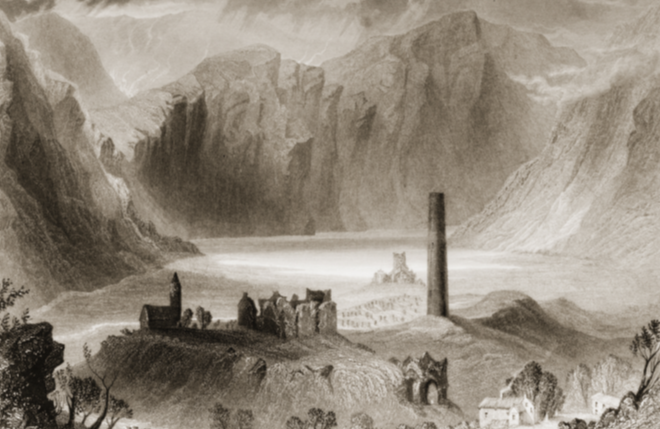 Glendalough, Co. Wicklow, engraved by George Virtue after William Henry Bartlett (1860s). Guided by Curran and Lady Mountcashell, Godwin undertook the ‘Wicklow tour’, which included Glendalough. (Private Collection/Ken Welsh/Bridgeman Images)