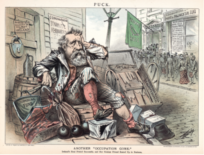 ‘Another “Occupation gone”. Ireland’s Real Friend Successful, and Her Noisiest Friend Busted Up in Business.’ Crowds stream into the ‘Headquarters of the Parnell Parliamentary Fund’ at the expense of Rossa and his ‘Dynamite Headquarters’—1880s cartoon from the satirical magazine Puck, published in New York between 1871 and 1918.