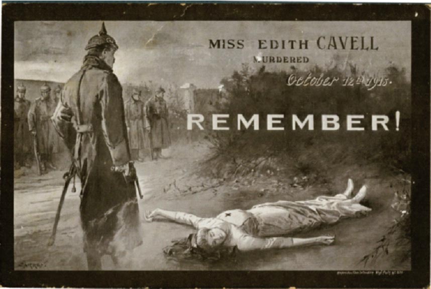 Edith Cavell was a British nurse arrested by the Germans for helping some 200 Allied soldiers escape from German-occupied Belgium during the First World War. Despite international pleas for clemency she was executed on 12 October 1915. Her execution was represented as an act of German barbarism and moral depravity, and she became an iconic propaganda figure.