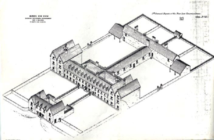 Below: ‘Bird’s Eye View Shewing the General Arrangement for a Building to Contain 800 persons. 5th Annual Report of the Poor Law Commissioners [1839].’