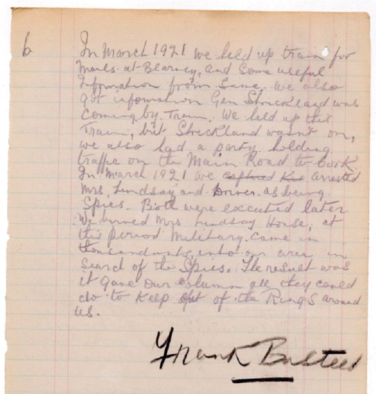 ‘In March 1921 we arrested Mrs Lindsay and driver as being spies. Both were executed later. We burnt Mrs Lindsay’s house …’—Frank Busteed’s handwritten note in the Military Service Pensions archive. (Military Archives).