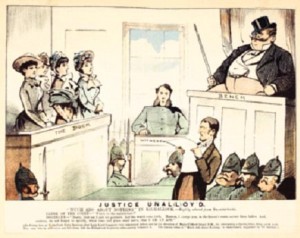 'JUSTICE UNAL(L)OYD’—a caricature of Clifford Lloyd (right) presiding over the trial of four members of the Ladies’ Land League. London dispatched Lloyd to be Hennessy’s right-hand man in Mauritius, but Hennessy, an ardent Home Ruler, refused to speak to him in public, let alone work with him. (Weekly Freeman supplement, 16 July 1881)