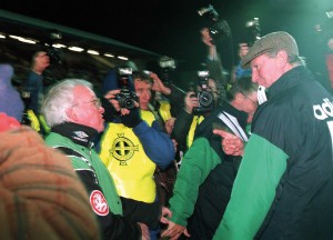 The split at its most bitter? Northern Ireland manager Billy Bingham has a frank exchange of views with his Republic of Ireland counterpart, Jack Charlton, in the tense and bitter atmosphere of the World Cup qualifier at Windsor Park in November 1993. But how had the split come about? (Inpho Photography)