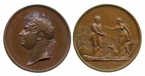 A medallion (front and back) commemorating George IV’s landing at Howth in 1821. He left from Dunleary, which was con