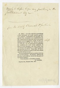 Views on slavery were not necessarily determined by geography. A ‘Georgia patriot’ condemns the sale of ‘free people of color’ into slavery in a letter to the state’s Daily Chronicle and Sentinel newspaper. (PRONI) 