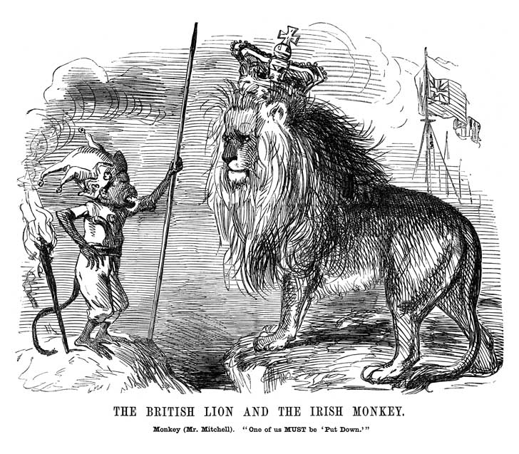 Fearful of Mitchel’s power, London’s Punch magazine emphasised his international standing by portraying him as an Irish monkey challenging the Great British Lion. (Punch, 8 April 1848)