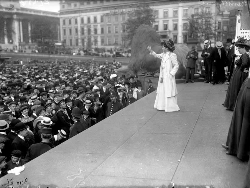 Suffragette Miss Pankhurst addressing the crowd in Trafalgar Square, London, during a rally.