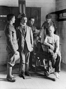 Recruits being weighed and measured. Despite affirmations that physically unsuitable candidates had been ‘rigorously eliminated’ from enlisting in the British Army, a number of men were able to reach the front lines with a physical disability that should have been detected, including those with shortcomings in the requirements of age, height and chest measurements stipulated by the army. (IWM)