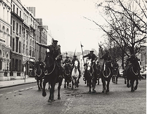 Above: RTÉ’s semi-legendary Insurrection was finally rebroadcast (18–25 March 2016) and turns out to have stood the test of time. The central conceit, of rolling live coverage of the Easter Rising, worked surprisingly well for something that was far ahead of its time—though sharp-eyed viewers might have noticed the parked cars and the bus stop behind this dramatic image of British lancers charging down Sackville/O’Connell Street. (RTÉ Stills Library)