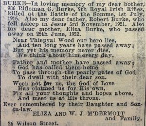 Above: The memorial notice for George Burke on the tenth anniversary of his death in the Belfast Evening Telegraph,1 July 1926—no mention of Ulster, Empire or loyalty.