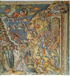 Above: A fifth-century mosaic in the basilica of Santa Maria Maggiore in Rome showing Moses stretching a rod over the Red Sea to prevent the Egyptians crossing. (Carlo Pietrangeli)