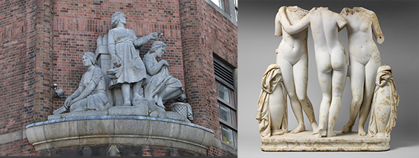 Above: Gabriel Hayes’sThe Three Graces on the façade depicts three women engaged in routine domestic activities, a variation on the classical sculpture of Zeus’s daughters (inset: Rome, second century AD). (Peter Griffin; Metropolitan Museum of Art, NY)