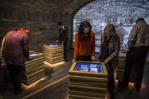 Above: Every gallery has screens on the walls and floors, and audiovisual pods where visitors can swipe, click and touch to access information.