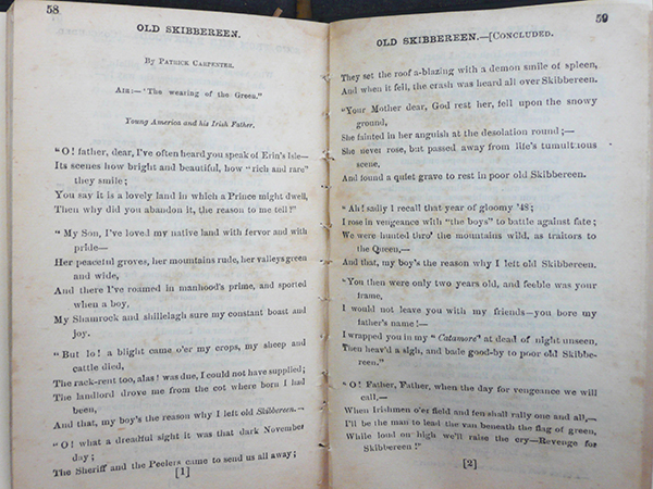 Above: Pages 58 and 59 of The favorite ‘Irish Sunburst’ songster, No. 3, printed by Robert M. De Witt, 33 Rose Street, New York, in 1873, with the same lyrics, also attributed to Patrick Carpenter, that appeared in The wearing of the green song book in Boston in 1869.