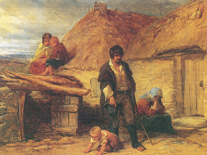 Above: An Irish eviction (1850) by Frederick Goodall. All versions of ‘Old Skibbereen’ urge armed hostility against the British government in revenge for the Great Hunger and subsequent tenant evictions. (Leicester Museum & Art Gallery)