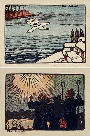 Above (Top): Jack B. Yeats’s image of a bird carrying a letter across the sea contrasts a snow-covered idealised Irish cottage with a dystopian industrialised conurbation on the far shore. (NMI) ----------------------------------------------------------------------- Above: The shepherds’ wide-brimmed hats and the drystone wall in front of them recall many of Yeats’s other depictions of the West and place this holy scene firmly in the most authentic of Irelands. (NMI)