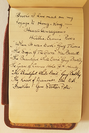 Above: O’Donnell’s early 1918 list of the seven books he read on the journey from Durban in South Africa to Hong Kong, beginning with Rives’s Hearts Courageous. (Jim Lynch)