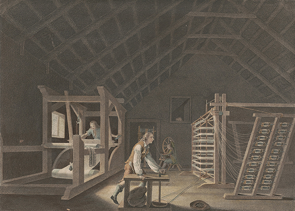 Above: ‘Winding, Warping, with a new improved warping Mill, and Weaving’—one of twelve engravings published by William Hincks in 1783 to illustrate the various stages in the preparation of linen, from sowing the flax seed to the sale of the bleached cloth. (Irish Linen Centre and Lisburn Museum)