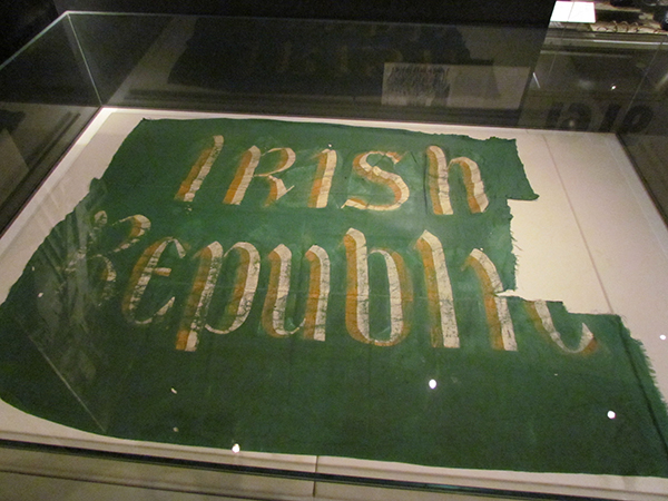 Above: The ‘Irish Republic’ flag that flew over the GPO at the corner of Prince’s Street at Easter 1916, now on display in the National Museum, Collins Barracks. (NMI)