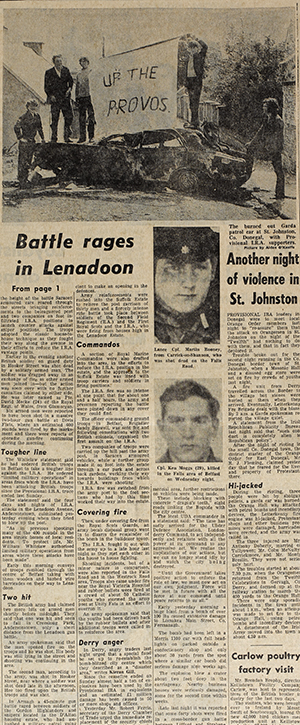 Above: ‘Another night of violence in St Johnston’. (Irish Press, 14 July 1972, p. 4) 